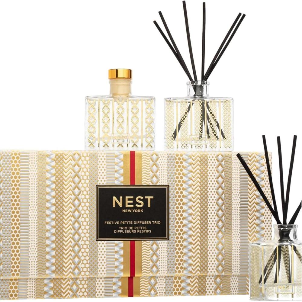 imageNEST New York Festive Petite Diffuser Trio  13 fl oz Each  Includes Holiday Birchwood Pine and Blue Cypress ampamp Snow  Fragrance for Up to 90 Days  Includes AllNatural Reed Sticks  Flame Free