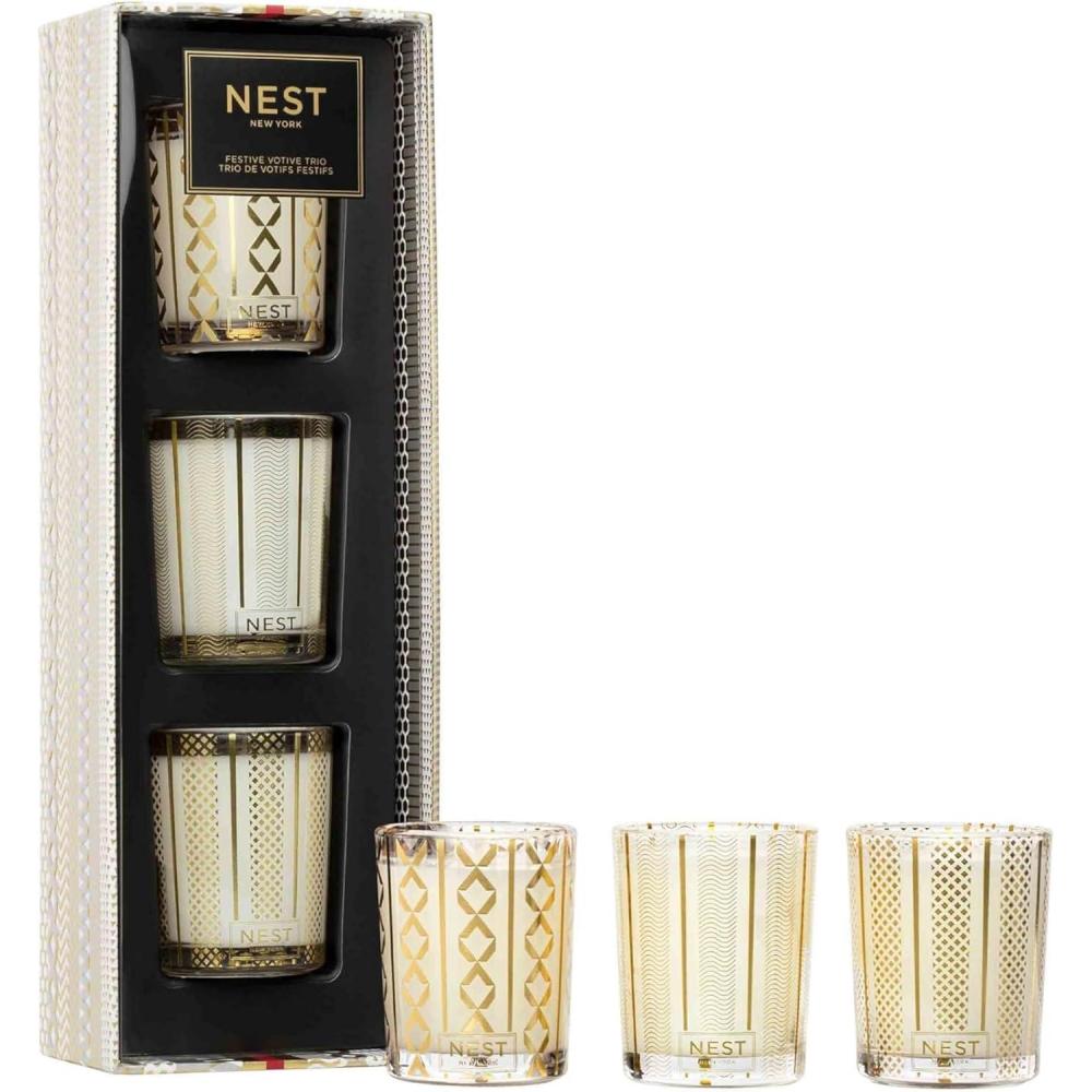 imageNEST New York Festive Scented Votive Candle Trio  2 oz Each  Includes Holiday Birchwood Pine Crystallized Ginger ampamp Vanilla Bean  Up to 28Hour Burn Time  Reusable Glass Vessel2 inch