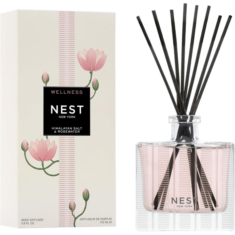 imageNEST New York Reed Diffuser Himalayan Salt ampamp Rosewater  59 fl oz  Fragrance for Up to 90 Days  Reusable Refillable Glass Holder  Includes 8 AllNatural Reed Sticks  Flame FreeHimalayan Salt  Rosewater