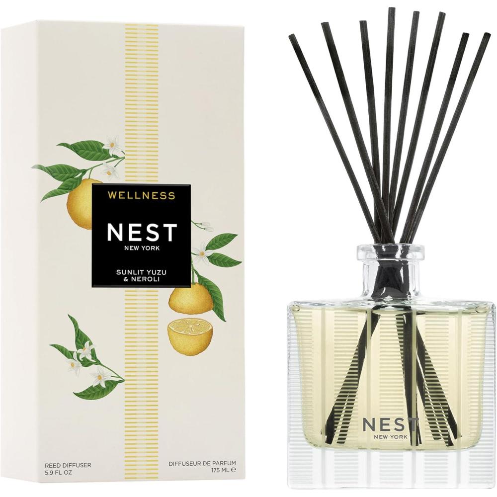 imageNEST New York Reed Diffuser Himalayan Salt ampamp Rosewater  59 fl oz  Fragrance for Up to 90 Days  Reusable Refillable Glass Holder  Includes 8 AllNatural Reed Sticks  Flame FreeSunlit Yuzu  Neroli