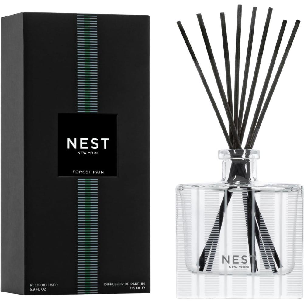 imageNEST New York Reed Diffuser Moroccan Amber  59 fl oz  Fragrance for Up to 90 Days  Reusable Refillable Glass Holder  Includes 8 AllNatural Reed Sticks  Flame FreeForest Rain