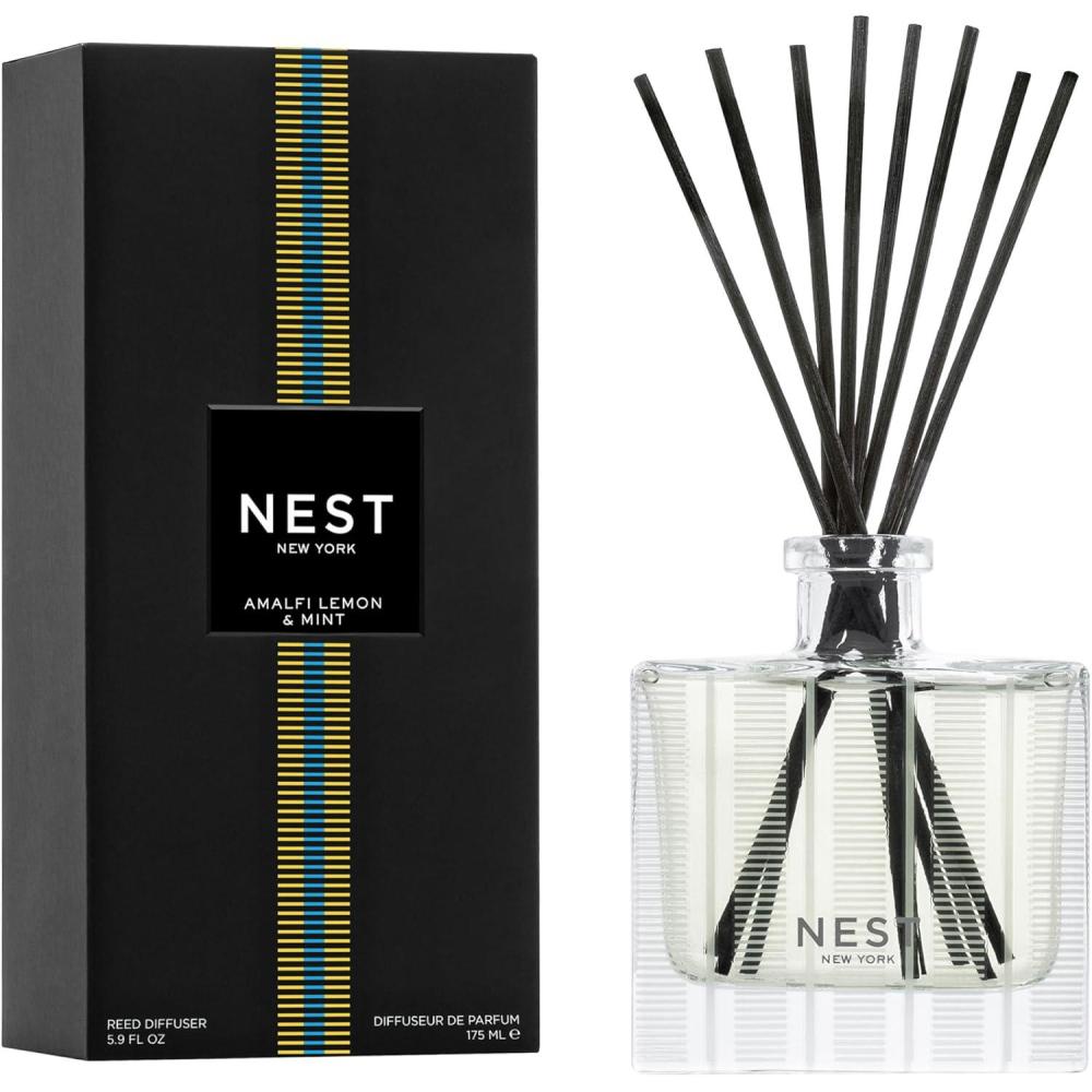 imageNEST New York Reed Diffuser Moroccan Amber  59 fl oz  Fragrance for Up to 90 Days  Reusable Refillable Glass Holder  Includes 8 AllNatural Reed Sticks  Flame FreeAmalfi Lemon  Mint