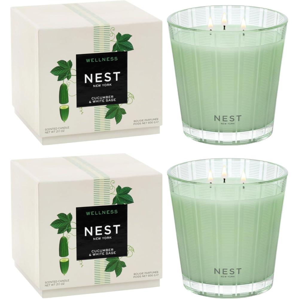 imageNEST New York Scented 3Wick Candle Cucumber ampamp White Sage  212 oz Pack of 2  Up to 100Hour Burn Time  Reusable Glass VesselCucumber  White Sage