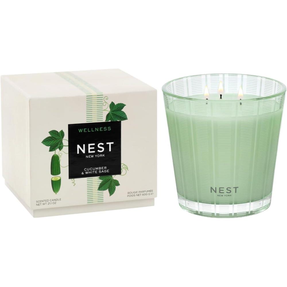 imageNEST New York Scented 3Wick Candle Driftwood ampamp Chamomile  212 oz  Up to 100Hour Burn Time  Reusable Glass VesselCucumber  White Sage