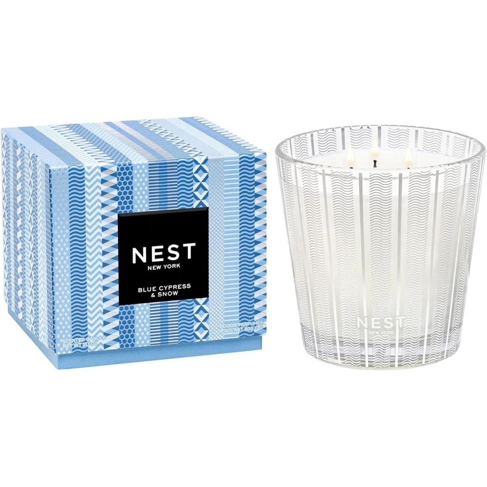imageNEST New York Scented 3Wick Candle Holiday  212 oz  Up to 100Hour Burn Time  Reusable Glass VesselBlue Cypress  Snow