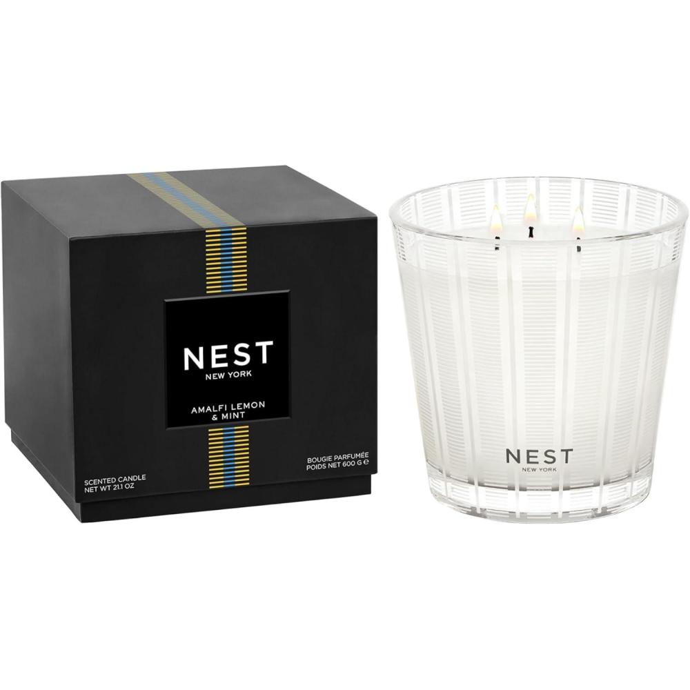 imageNEST New York Scented 3Wick Candle Ocean Mist ampamp Sea Salt  212 oz  Up to 100Hour Burn Time  Reusable Glass VesselAmalfi Lemon  Mint