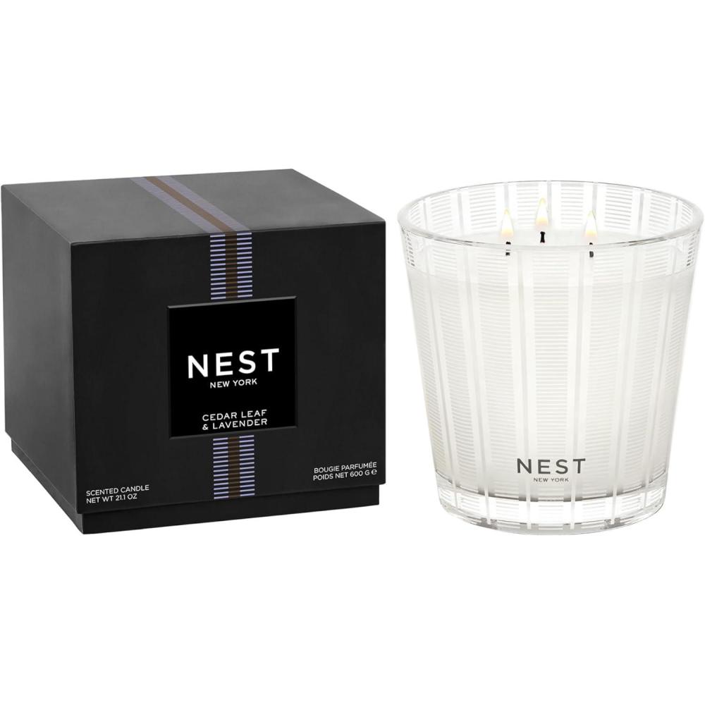imageNEST New York Scented 3Wick Candle Ocean Mist ampamp Sea Salt  212 oz  Up to 100Hour Burn Time  Reusable Glass VesselCedar Leaf  Lavender