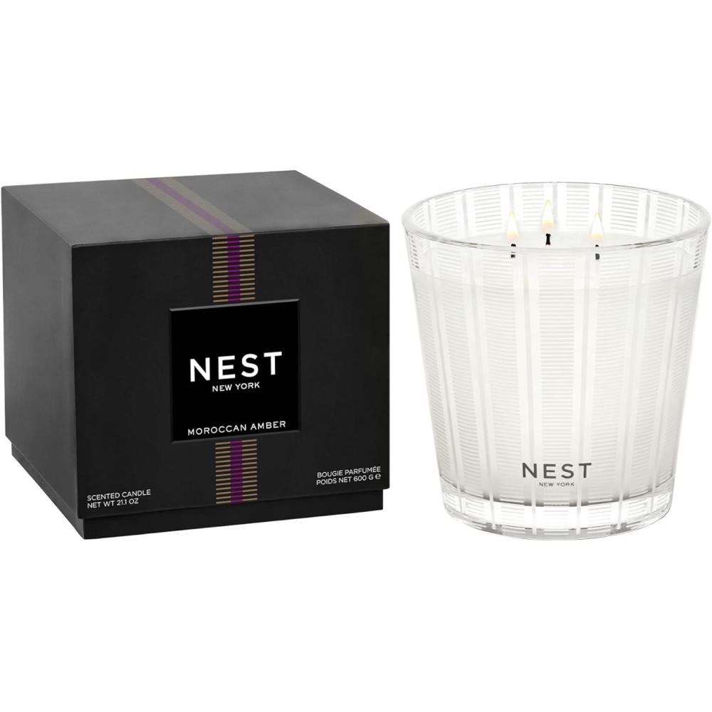 imageNEST New York Scented 3Wick Candle Ocean Mist ampamp Sea Salt  212 oz  Up to 100Hour Burn Time  Reusable Glass VesselMoroccan Amber