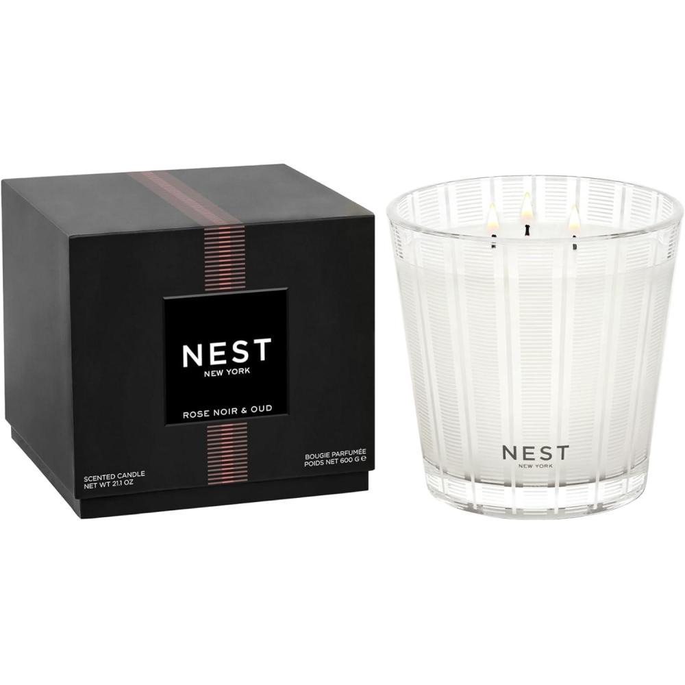 imageNEST New York Scented 3Wick Candle Ocean Mist ampamp Sea Salt  212 oz  Up to 100Hour Burn Time  Reusable Glass VesselRose Noir  Oud