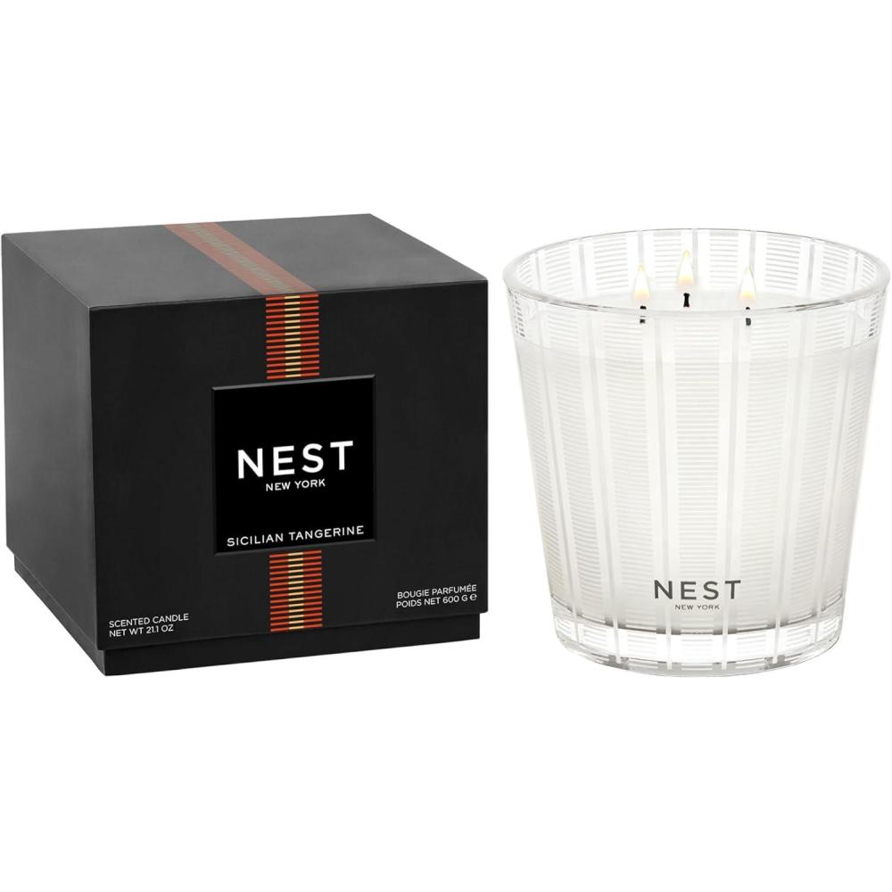 imageNEST New York Scented 3Wick Candle Ocean Mist ampamp Sea Salt  212 oz  Up to 100Hour Burn Time  Reusable Glass VesselSicilian Tangerine