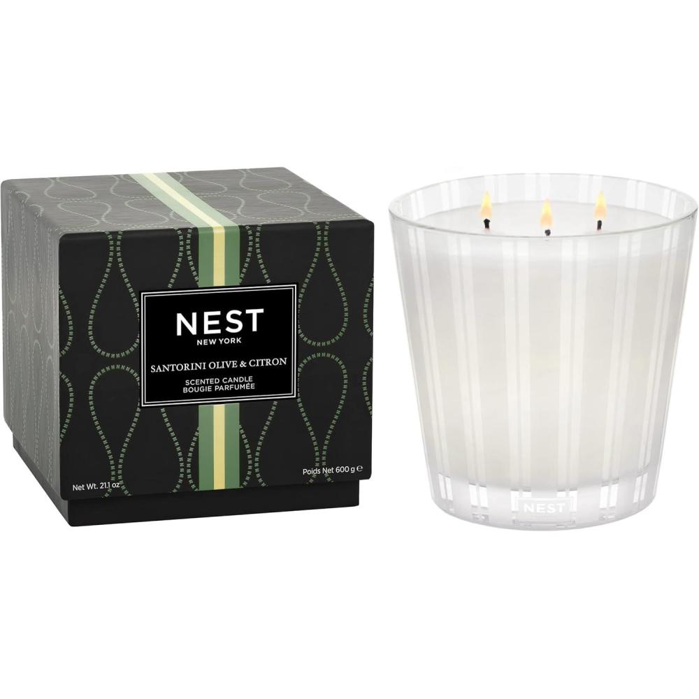 imageNEST New York Scented 3Wick Candle Santorini Olive ampamp Citron  212 oz  Up to 100Hour Burn Time  Reusable Glass Vessel