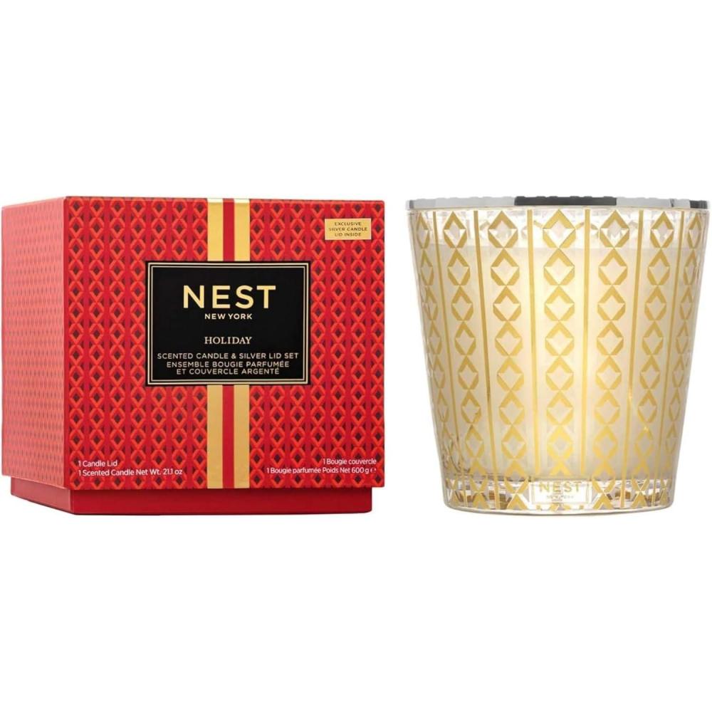 imageNEST New York Scented Holiday 3Wick Candle and Silver Lid Set  212 oz  Up to 100Hour Burn Time  Reusable Glass Vessel