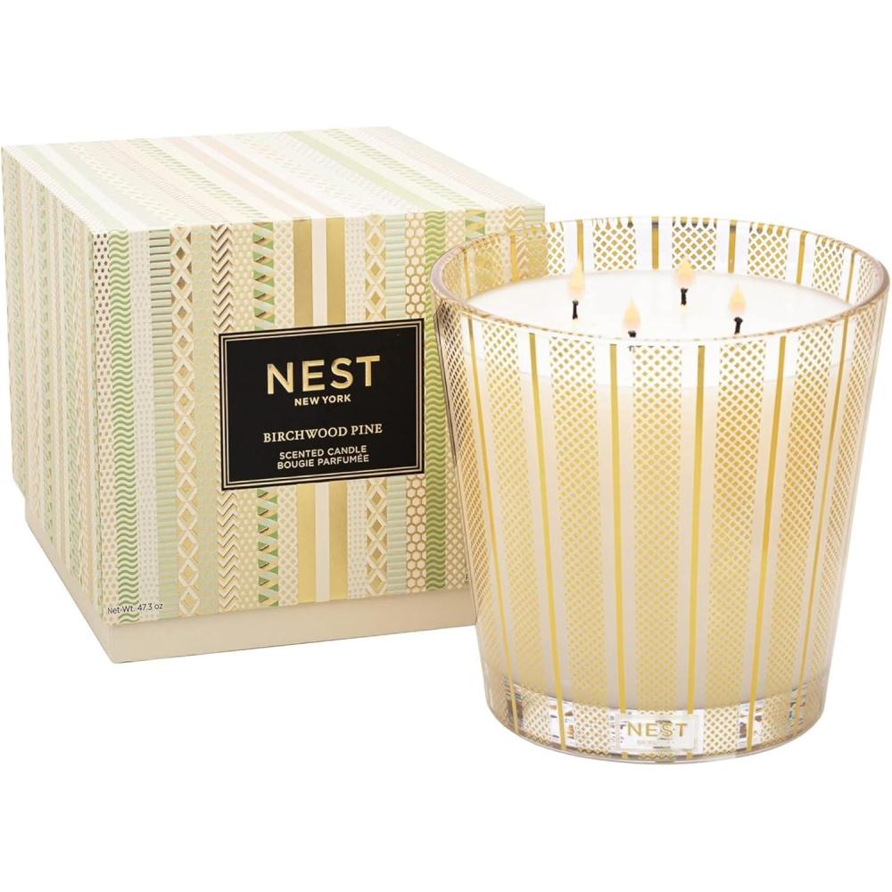 imageNEST New York Scented Luxury 4Wick Candle Birchwood Pine  437 oz  Up to 120Hour Burn Time  Reusable Glass VesselBirchwood Pine