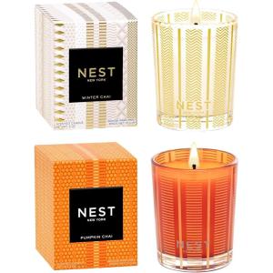 NEST New York Scented Votive Candle Bundle – Includes Winter Chai & Pumpkin Chai – 2 oz Each – Up to 28-Hour Burn Time Each – Reusable Glass Vessel(Pumpkin Chai & Winter Chai)